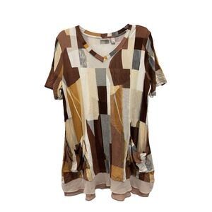 LOGO Lori Goldstein Top Womens Medium Brown Color Block‎ Tunic Layered Hemline